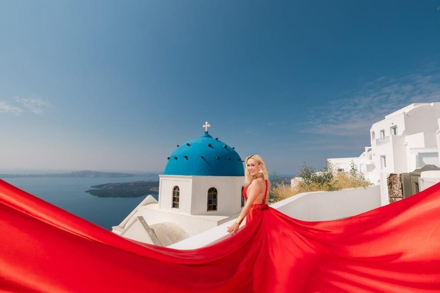 Flying dress Photoshoot in Santorini with Hotel Pickup - A flying dress in Imerovigli, not just another island photo stop