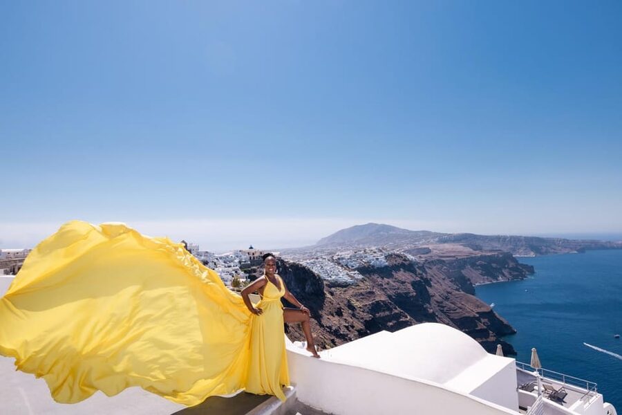 Flying dress Photoshoot in Santorini with Hotel Pickup - Choosing a dress from 35 colors and styles