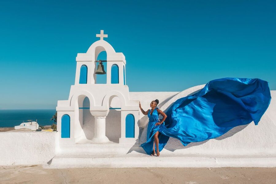 Flying Dress Santorini Photoshoot - Heat, steps, and what to wear