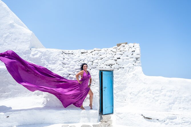 Mykonos Flying Dress Photoshoot - Communication, Timing, and Meeting at Mpaoumi