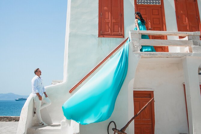 Private Flying Dress Photoshoot in Mikonos - Bougainvillea streets and classic Mykonos Town