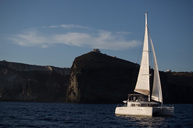 Santorini All-inclusive Catamaran Cruise with Thirassia Stop - Santorini from the water, not the cliff edge