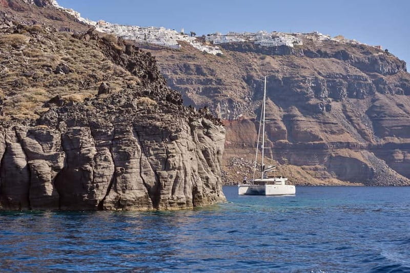 Santorini: Caldera Classic Catamaran Cruise w/ Meal & Drinks - White Beach, Mesa Pigadia, and the best swims