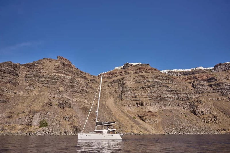 Santorini: Caldera Classic Catamaran Cruise w/ Meal & Drinks - Nea Kameni and the volcanic water
