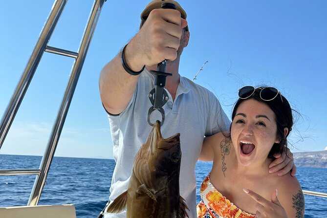 Santorini Fishing Private Cruise boat tour - BBQ, Snorkeling - Lunch made from the day’s catch