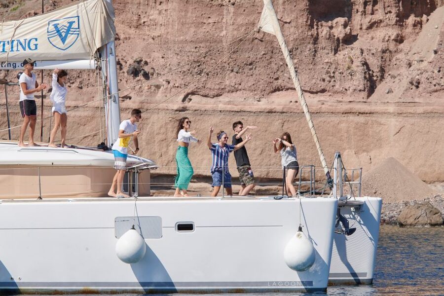 Santorini Gold Catamaran Cruise with Snorkel, BBQ & Open Bar - Red Beach and the first swim
