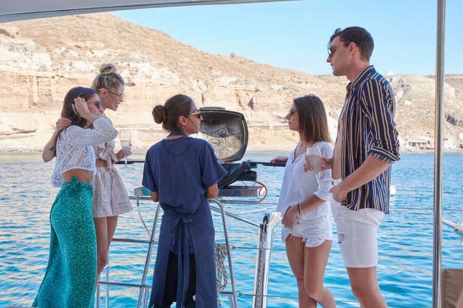Santorini Gold Catamaran Cruise with Snorkel, BBQ & Open Bar - Food, drinks, and comfort onboard