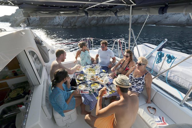 Santorini Half Day Catamaran Private Cruise incl. Meal, Drinks & Free Transport - Palea Kameni, hot springs, and the Santorini volcano