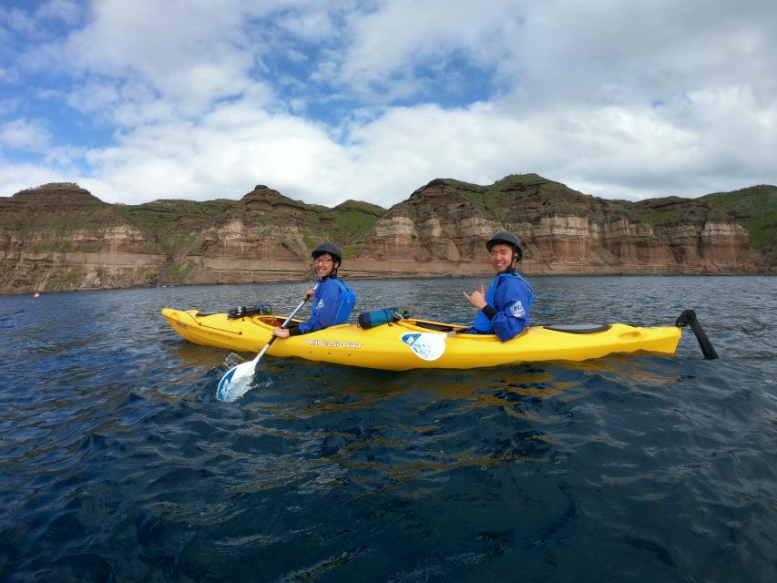 Santorini: Sea Caves Kayak Trip with Snorkeling and Picnic - Black Mountain, snorkeling, and the swimming stop