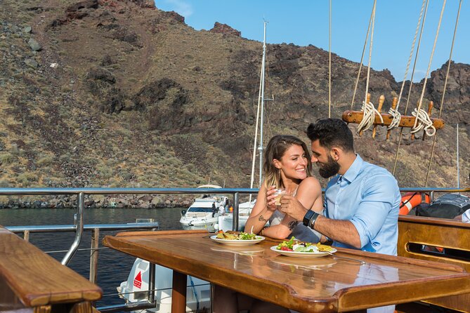 Santorini Sunset Dinner Cruise Including Nea Kameni Visit - Dinner near Thirasia, with expectations kept sensible